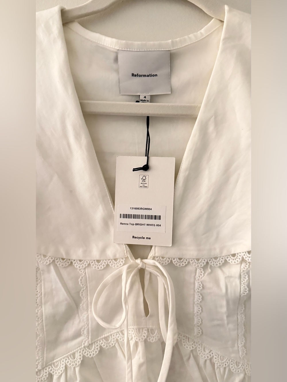NEW Reformation Renna Top, lace sailor collar, white cotton poplin, size 4 - Picture 11 of 16